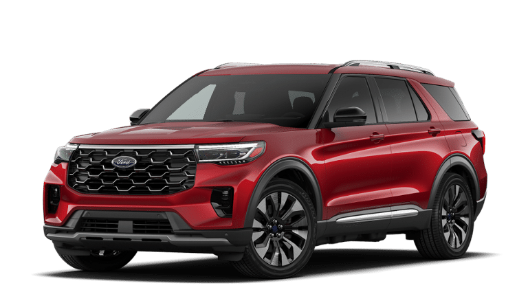 2026 Ford Explorer Platinum in Rapid Red Metallic Tinted Clearcoat — front three-quarter view